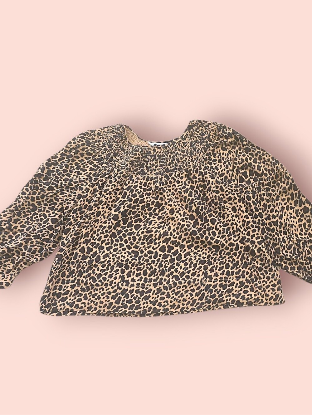 L - Crown & Ivy Petite Large Smocked Leopard Print Peasant Blouse